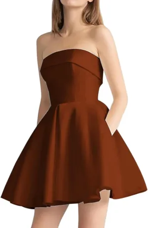Sleeveless Short Prom Dresses Mini Satin Homecoming Dress A Line Formal Wedding Party Gown with Pockets