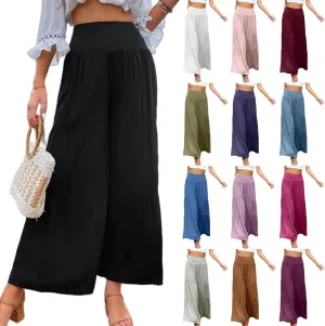 Smoneyful Womens High Waisted Cotton Linen Pant Casual Loose Trendy Trouser Flowy Wide Leg Palazzo Comfy Stretchy Lounge Pant