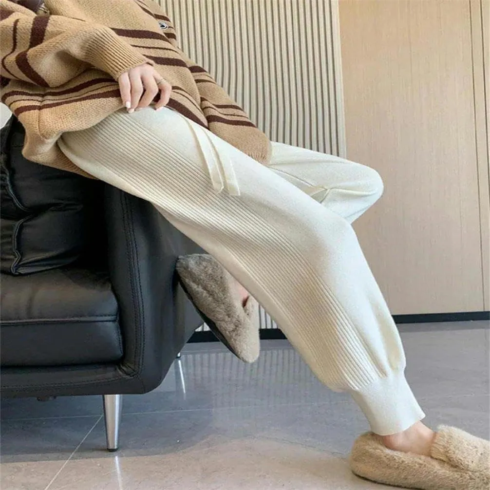 Solid Color Pants for Women in Autumn and Winter Thickened Knitted Ankle Pants Zipper Elastic Waist Soft Tying Harem Pants