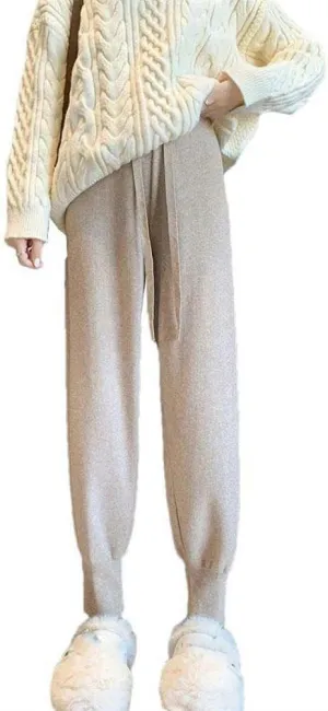 Solid Color Pants for Women in Autumn and Winter Thickened Knitted Ankle Pants Zipper Elastic Waist Soft Tying Harem Pants
