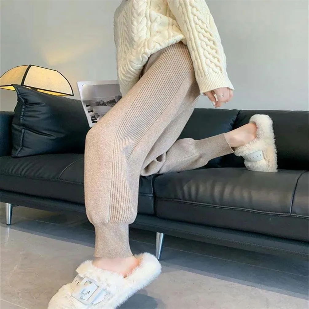Solid Color Pants for Women in Autumn and Winter Thickened Knitted Ankle Pants Zipper Elastic Waist Soft Tying Harem Pants
