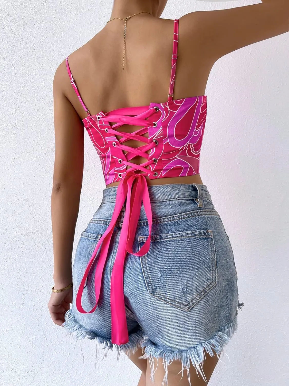 SOLY HUX Women's Cami Top Casual Cute Print Lace Up Back Sleeveless Spaghetti Strap Crop Corset Top