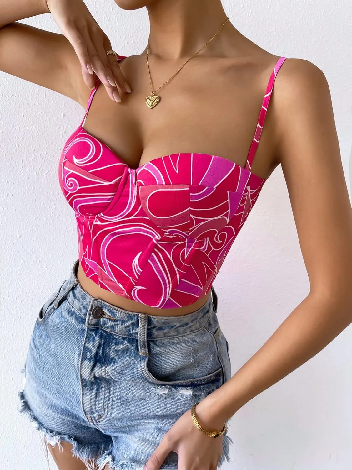 SOLY HUX Women's Cami Top Casual Cute Print Lace Up Back Sleeveless Spaghetti Strap Crop Corset Top