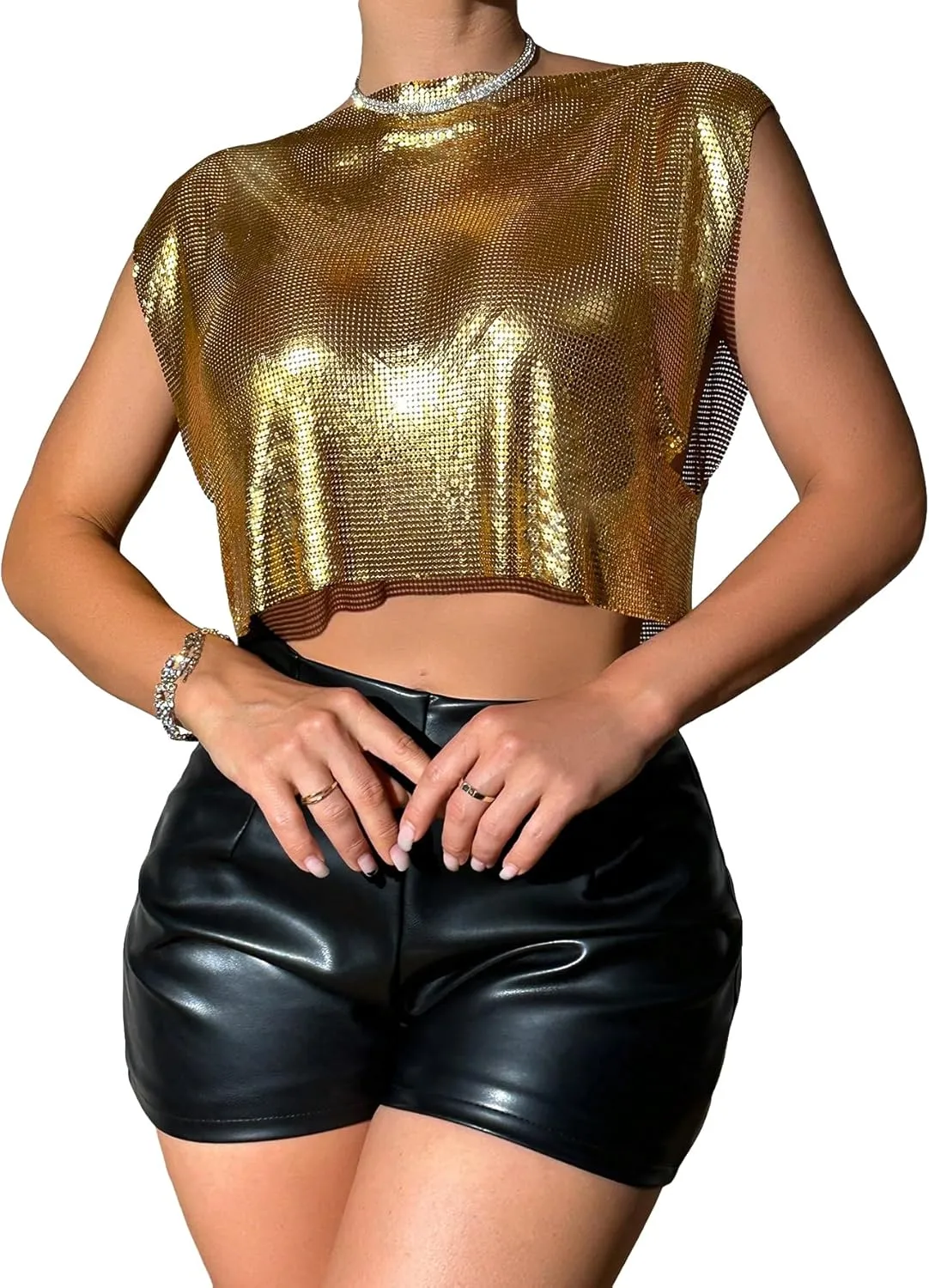 SOLY HUX Women's Metallic Top Shiny Tank Top Sleeveless Party Club Concert Crop Tops