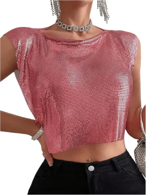 SOLY HUX Women's Metallic Top Shiny Tank Top Sleeveless Party Club Concert Crop Tops