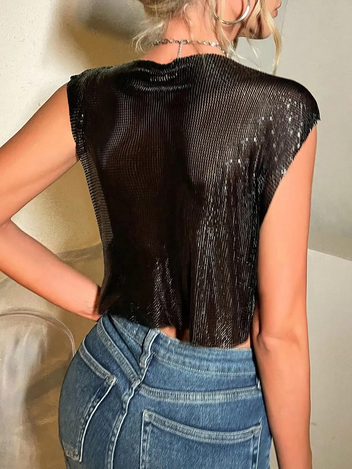 SOLY HUX Women's Metallic Top Shiny Tank Top Sleeveless Party Club Concert Crop Tops