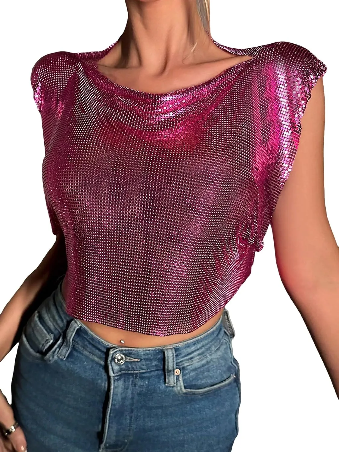 SOLY HUX Women's Metallic Top Shiny Tank Top Sleeveless Party Club Concert Crop Tops