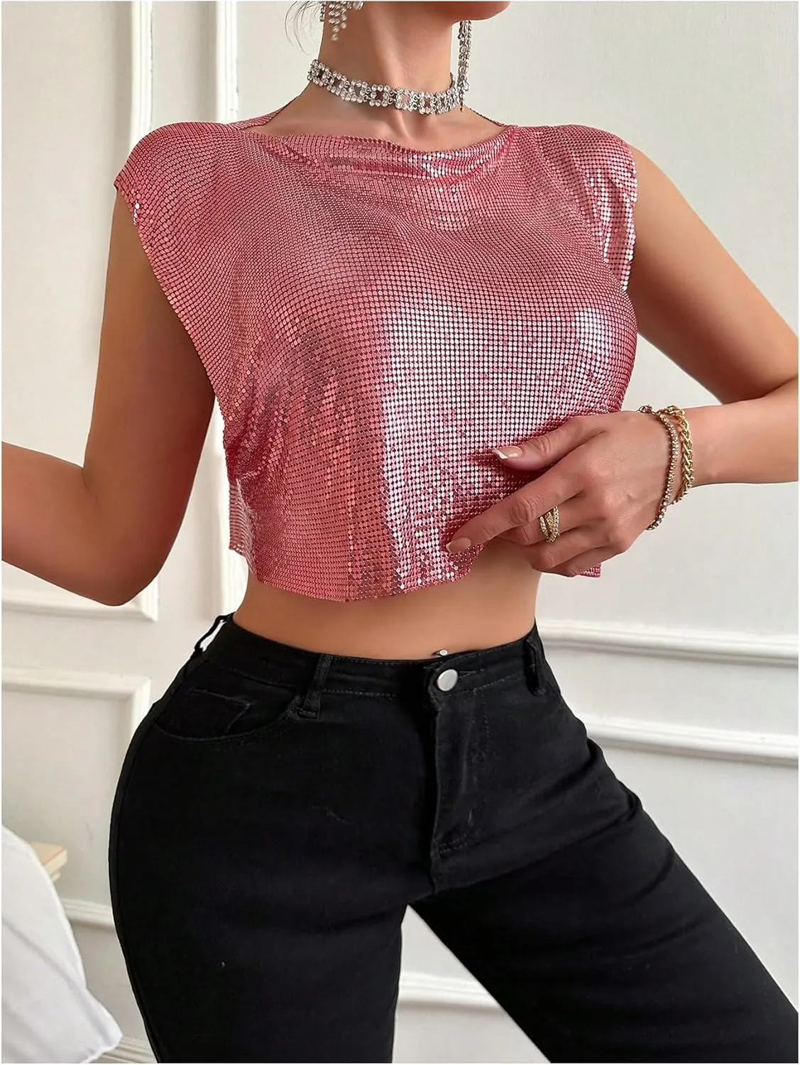 SOLY HUX Women's Metallic Top Shiny Tank Top Sleeveless Party Club Concert Crop Tops