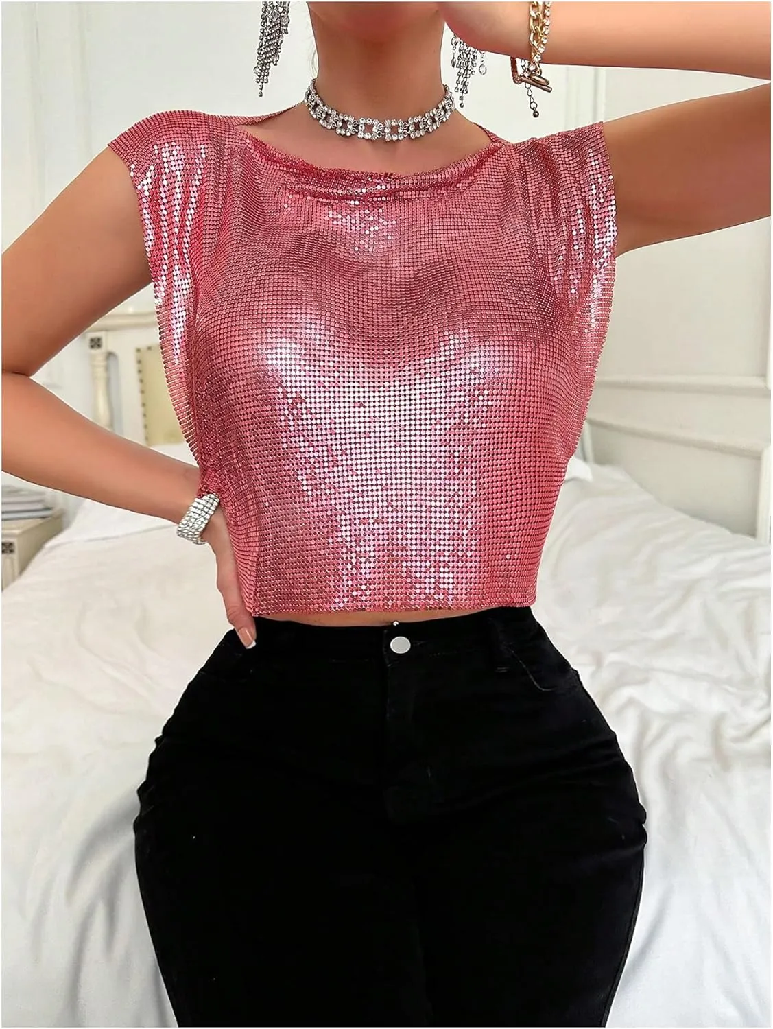 SOLY HUX Women's Metallic Top Shiny Tank Top Sleeveless Party Club Concert Crop Tops
