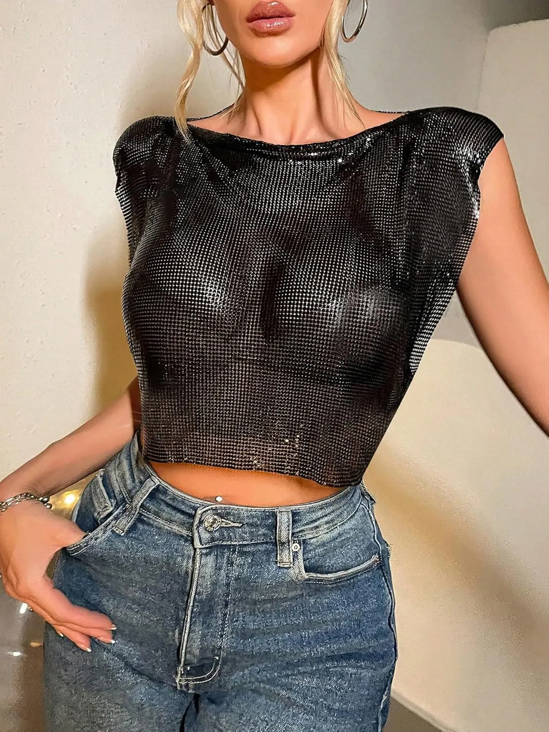 SOLY HUX Women's Metallic Top Shiny Tank Top Sleeveless Party Club Concert Crop Tops