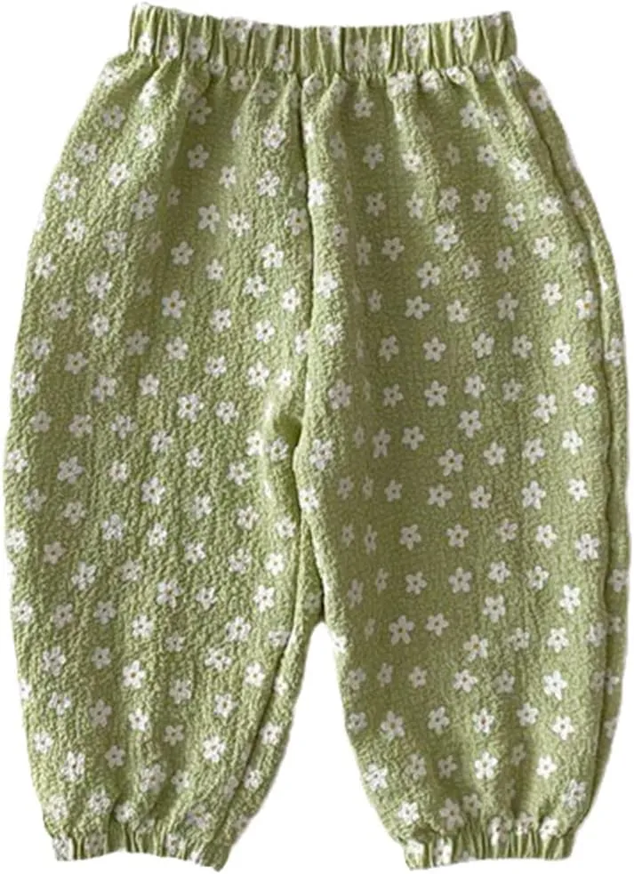 Spring Summer Children's Floral Printed Pants Loose Thin Cotton Pants Kids Girls Causal Flower Harem Pants Green