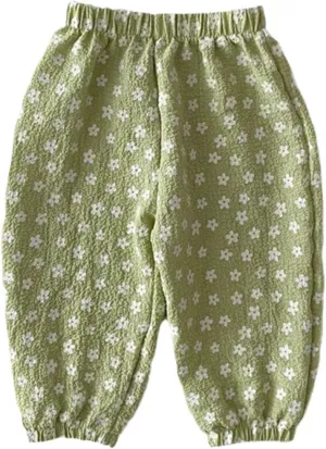 Spring Summer Children's Floral Printed Pants Loose Thin Cotton Pants Kids Girls Causal Flower Harem Pants Green