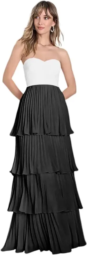 Strapless Tiered Bridesmaid Dresses for Women Floor Length Sweetheart Chiffon Formal Dress for Cocktail Party