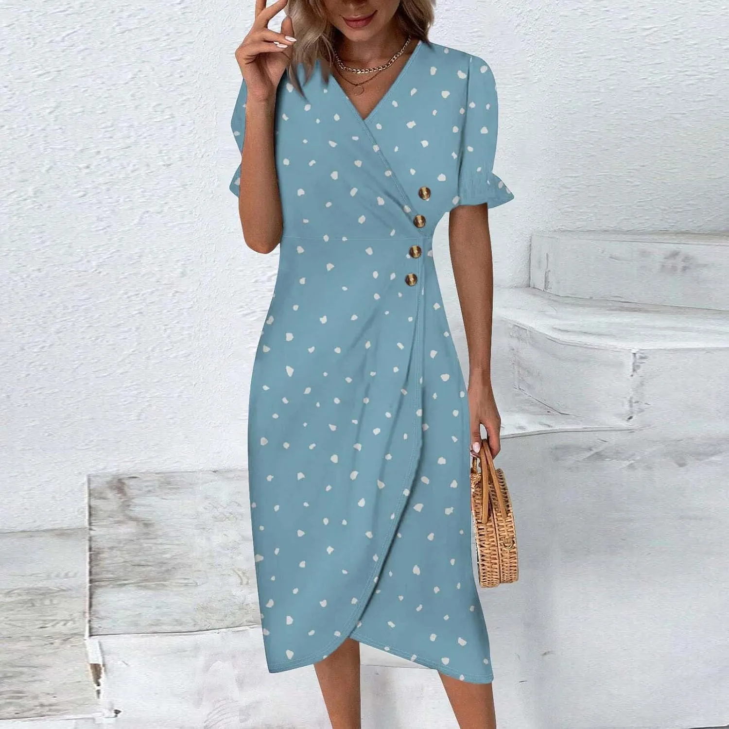 Summer Dresses for Women 2025 Vacation Trendy Elegant Sexy V Neck Bubble Sleeve Beach Dress Casual Boho Midi Sundress