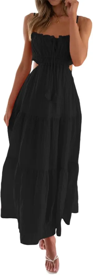 Summer Floral Maxi Dress for Women Spaghetti Strap Square Neck Ruffle Aline Long Dress Cottagecore Bustier Sundress