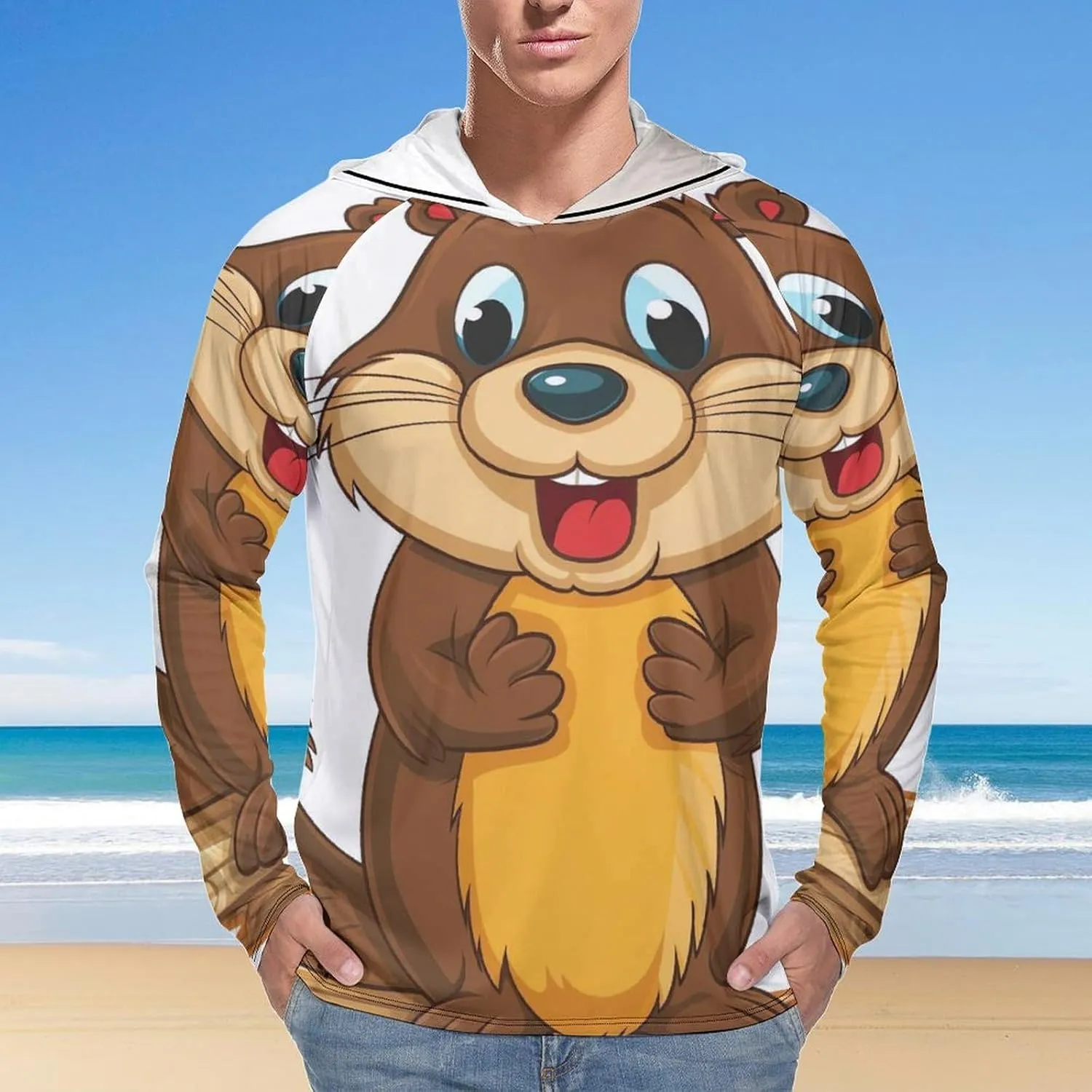 Sun Protection Shirt Long Sleeve Hoodie Cartoon Animated Beaver Lightweight Rash Guard Quick Dry Sun Shirt for Outdoor