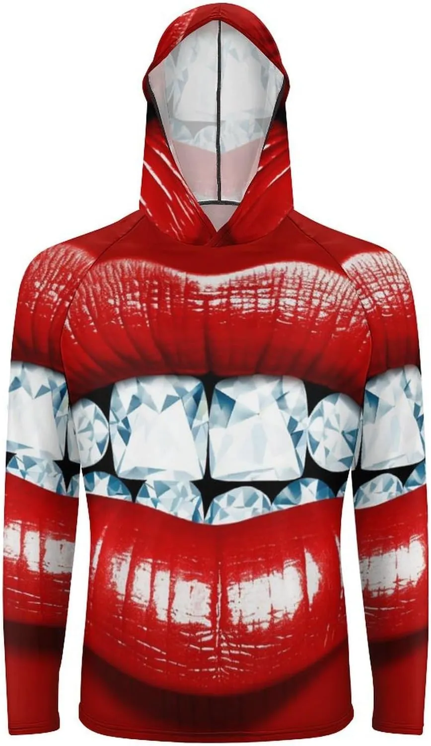 Sun Protection Shirt Long Sleeve Hoodie Red Lips with Diamond Lightweight Rash Guard Quick Dry Sun Shirt for Outdoor