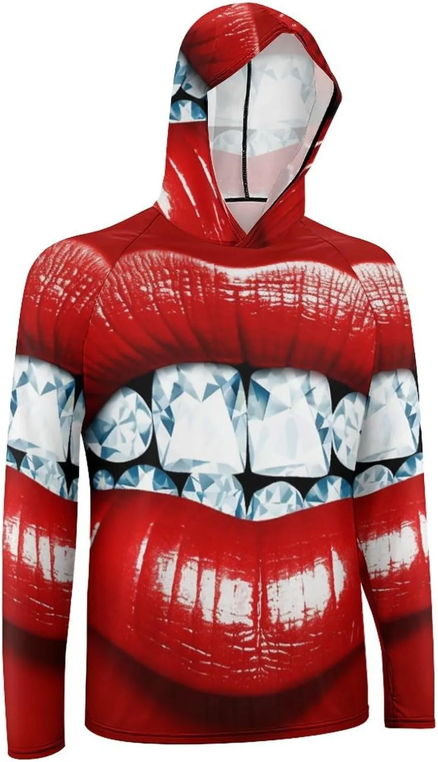 Sun Protection Shirt Long Sleeve Hoodie Red Lips with Diamond Lightweight Rash Guard Quick Dry Sun Shirt for Outdoor