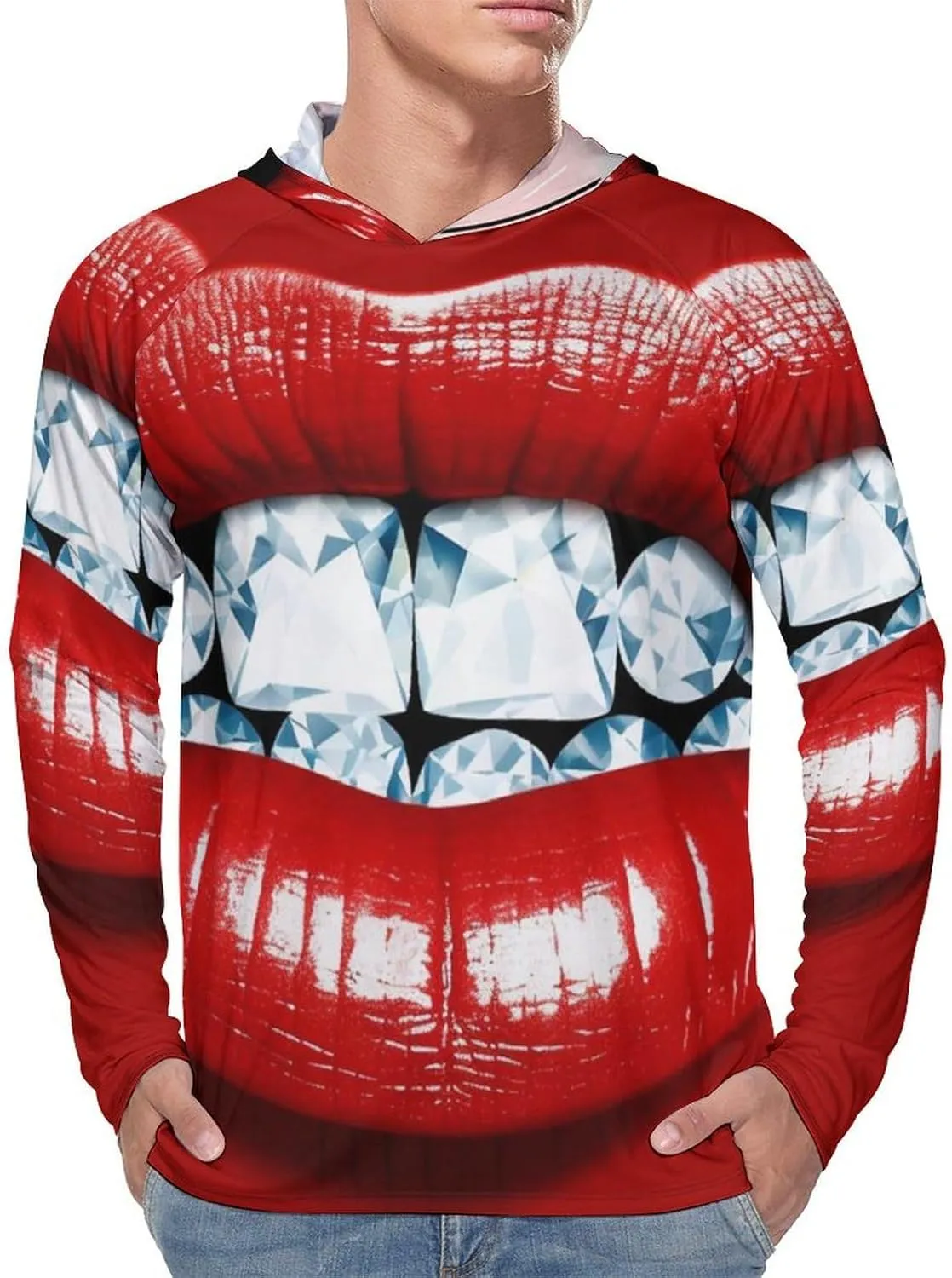 Sun Protection Shirt Long Sleeve Hoodie Red Lips with Diamond Lightweight Rash Guard Quick Dry Sun Shirt for Outdoor