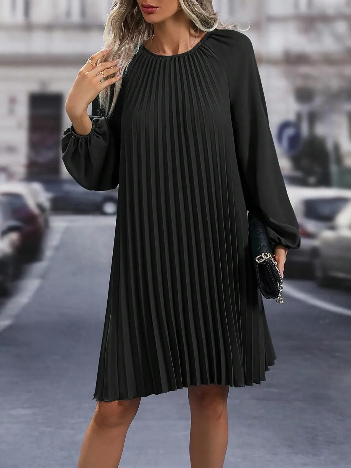 SweatyRocks Women's Lantern Long Sleeve Round Neck Solid Dress Casual Pleated Tunic Mini Dress