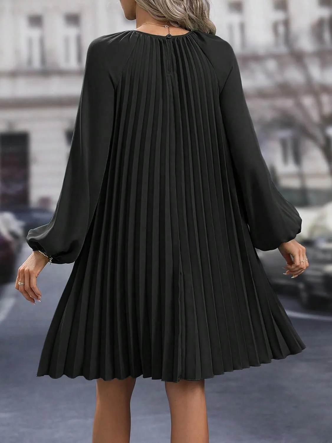SweatyRocks Women's Lantern Long Sleeve Round Neck Solid Dress Casual Pleated Tunic Mini Dress