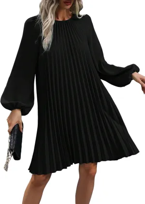 SweatyRocks Women's Lantern Long Sleeve Round Neck Solid Dress Casual Pleated Tunic Mini Dress