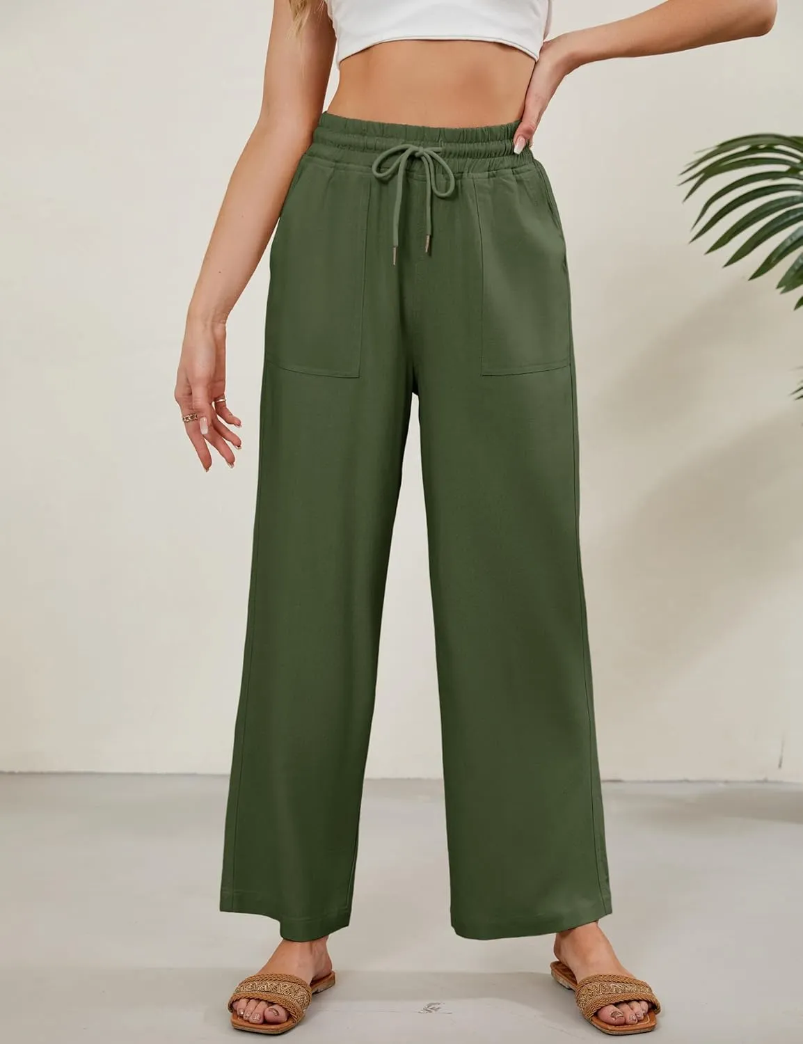 Tanming Womens Linen Pants Summer Casual Drawstring High Waisted Cotton Pants Beach Pants with Pockets