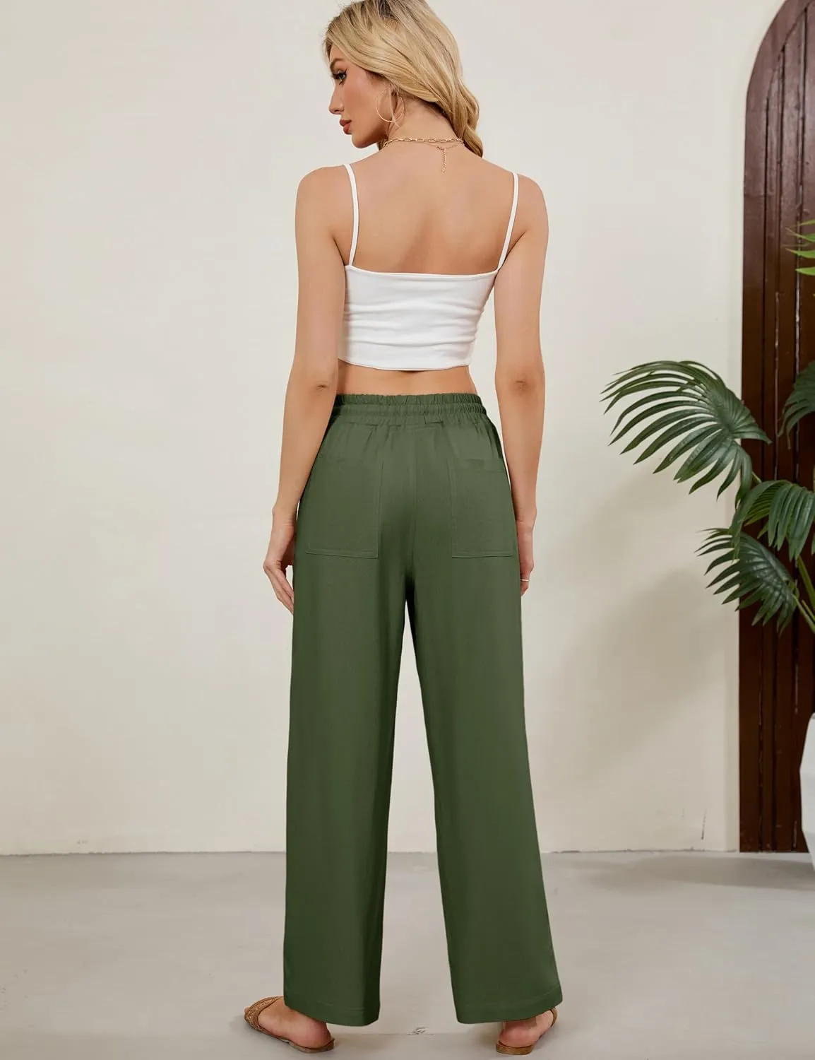 Tanming Womens Linen Pants Summer Casual Drawstring High Waisted Cotton Pants Beach Pants with Pockets