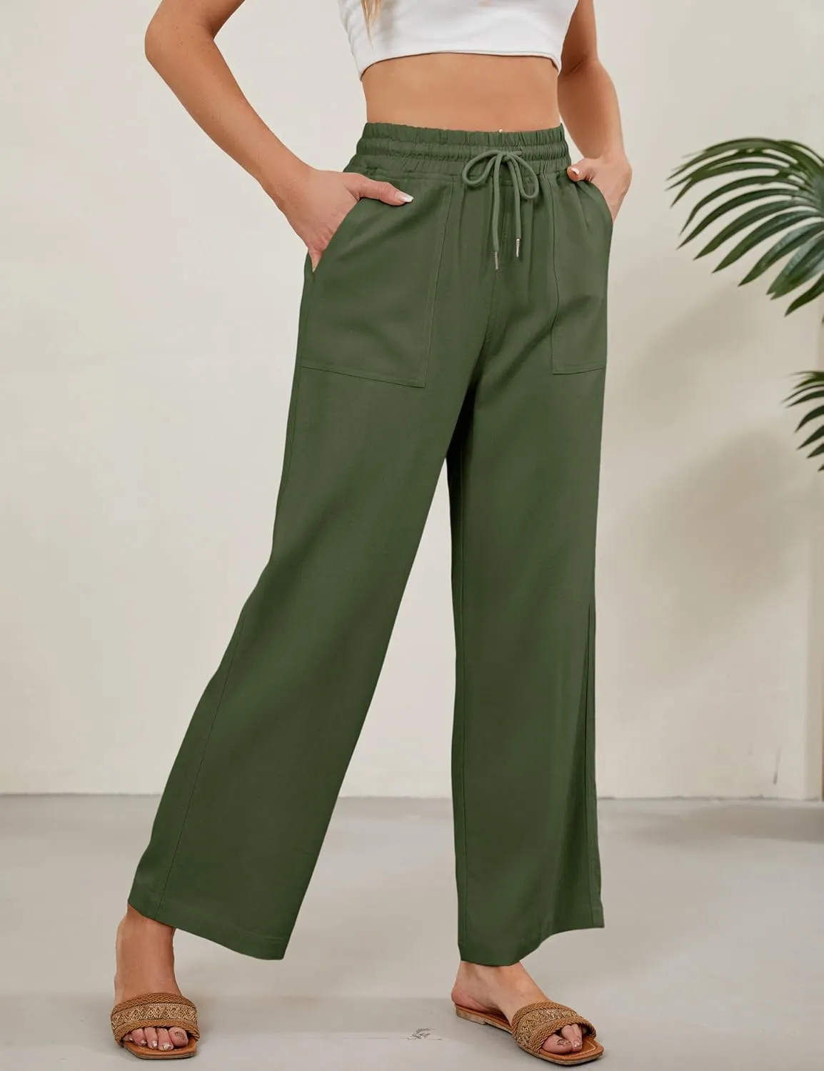 Tanming Womens Linen Pants Summer Casual Drawstring High Waisted Cotton Pants Beach Pants with Pockets