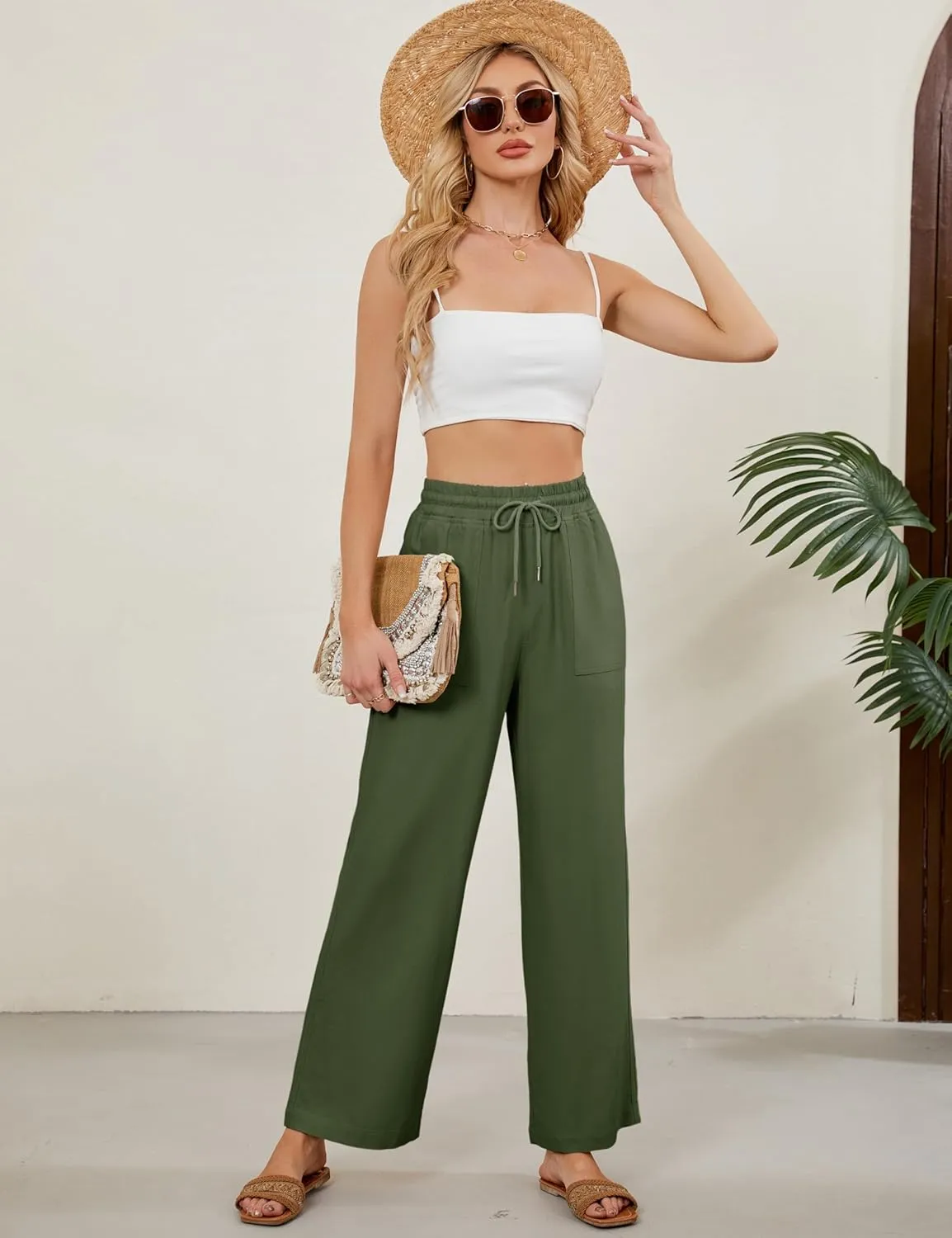 Tanming Womens Linen Pants Summer Casual Drawstring High Waisted Cotton Pants Beach Pants with Pockets