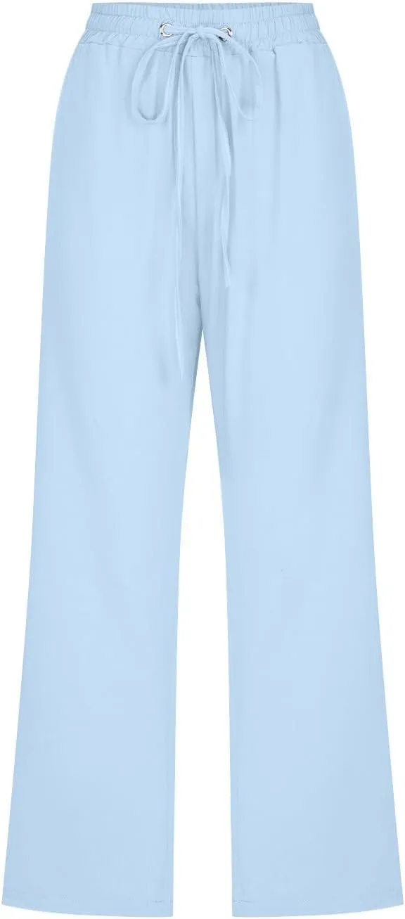 TARIENDY Capri Pants for Women 2025 Summer Casual Elastic Drawstring High Waisted Pants Straight Wide Leg Cropped Trouser