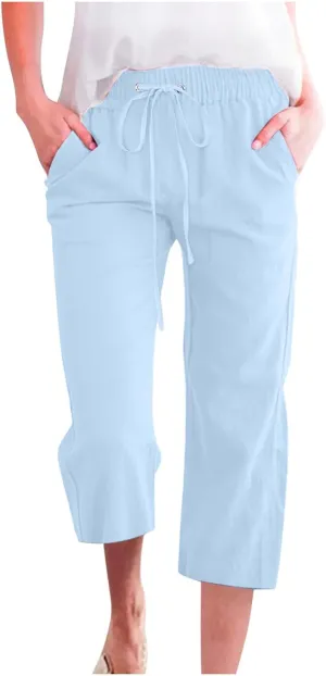 TARIENDY Capri Pants for Women 2025 Summer Casual Elastic Drawstring High Waisted Pants Straight Wide Leg Cropped Trouser