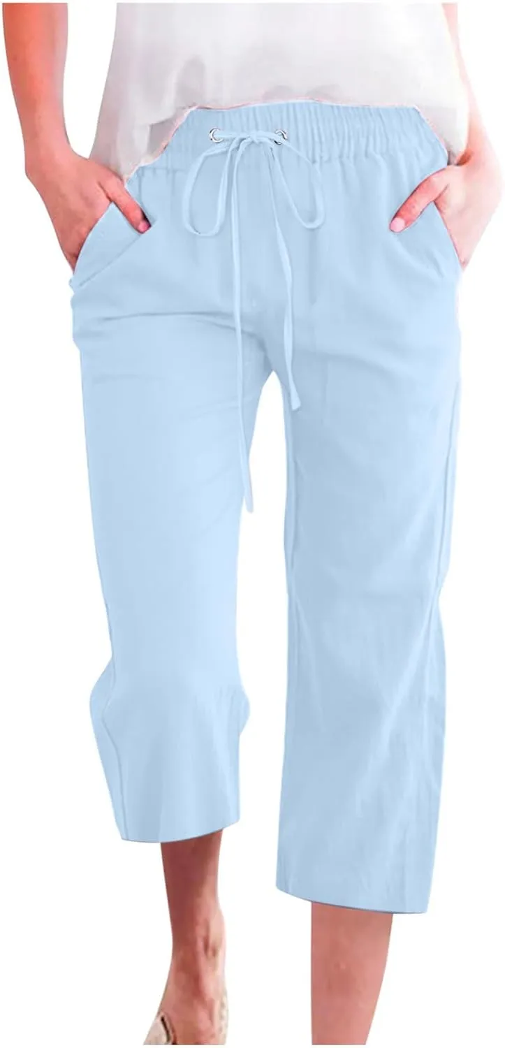 TARIENDY Capri Pants for Women 2025 Summer Casual Elastic Drawstring High Waisted Pants Straight Wide Leg Cropped Trouser