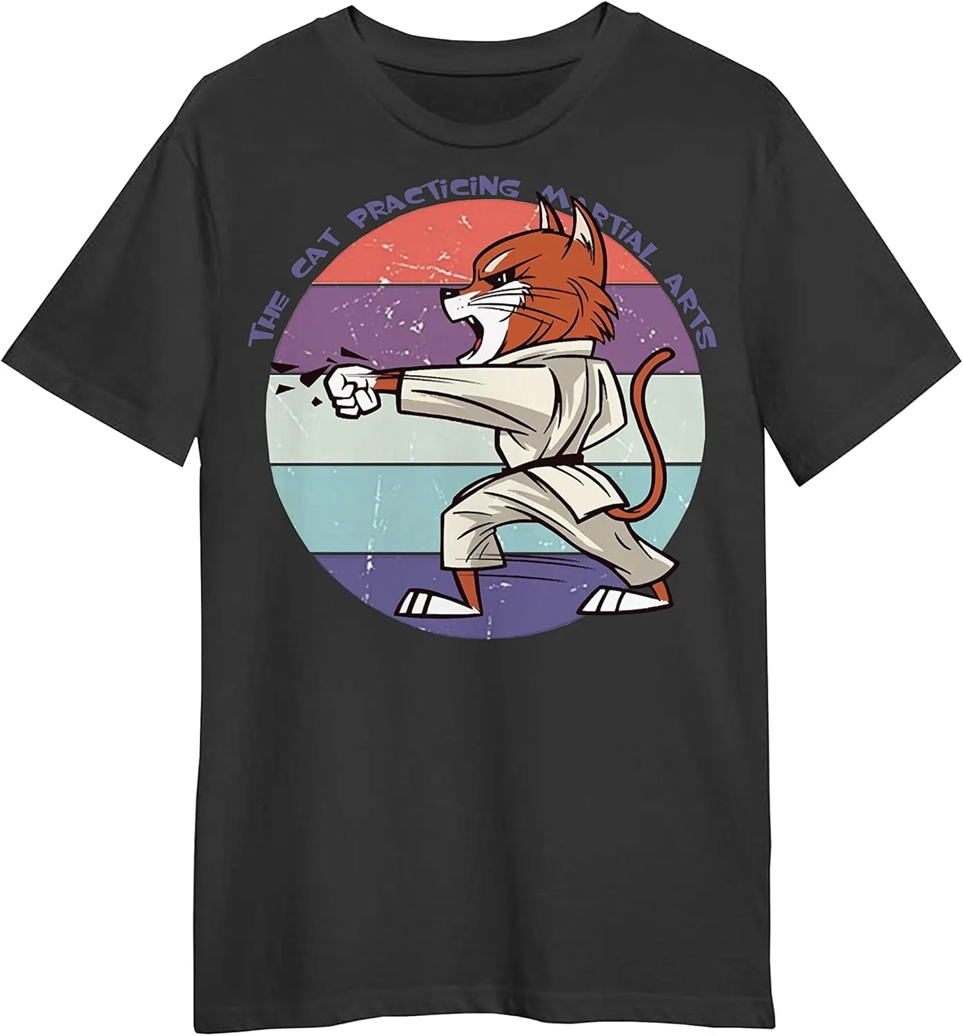The Cat Practicing Martial Arts Retro Sunset T-Shirt, Funny at Practicing Martial T-Shirt Black