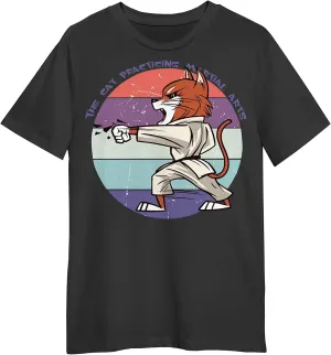 The Cat Practicing Martial Arts Retro Sunset T-Shirt, Funny at Practicing Martial T-Shirt Black