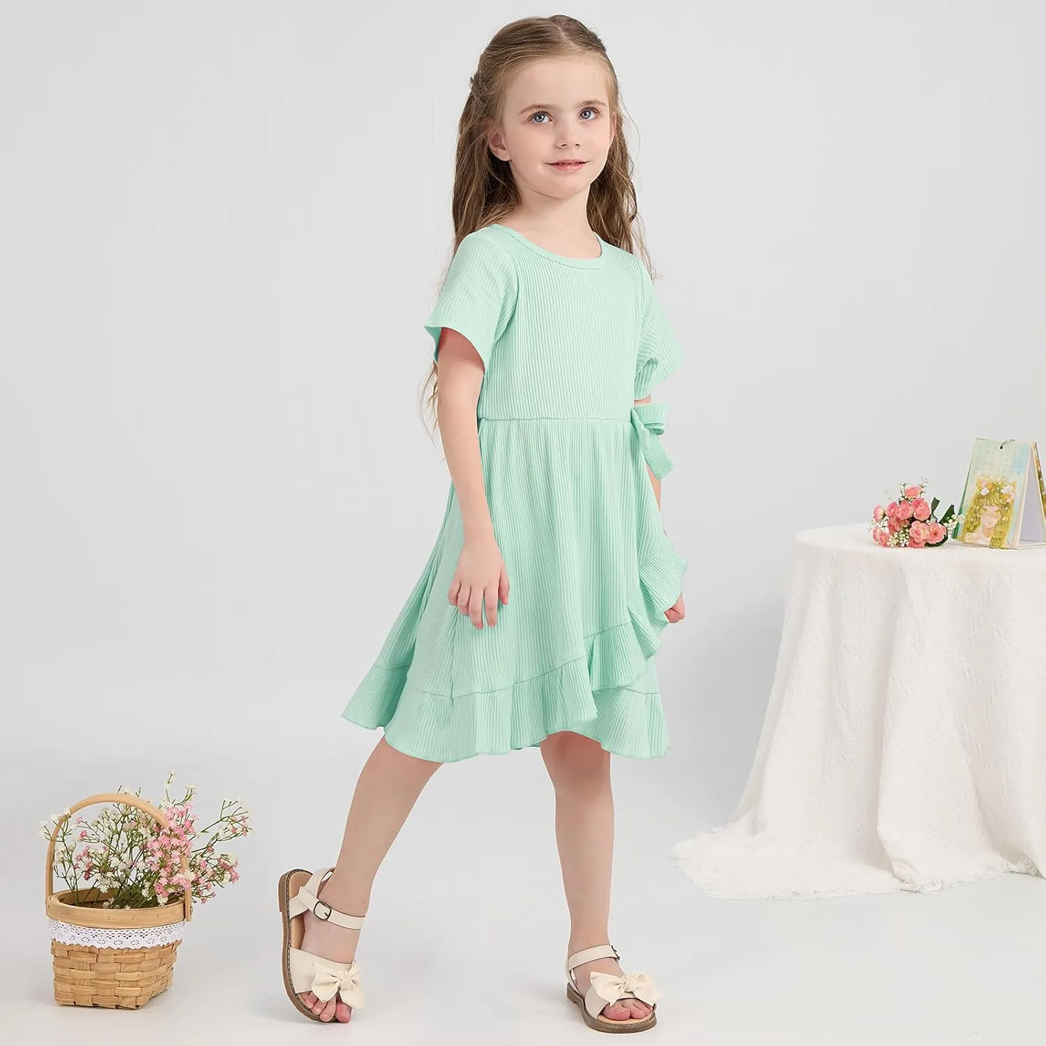 Toddler Girls Dress Cute Short Sleeve with Cotton Summer Dresses Casual Infant Beach Casual Sundress 3-8 Years