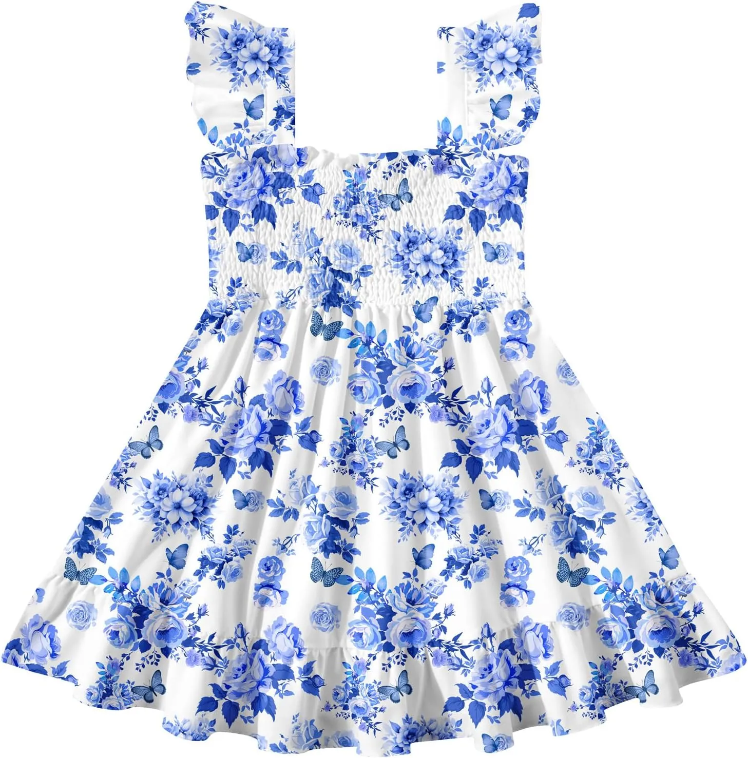 Toddler Little Girls Dress Kids Sleeveless Ruffle Dresses Summer Blue Floral Beach Casual Sundress for 3-7 Years