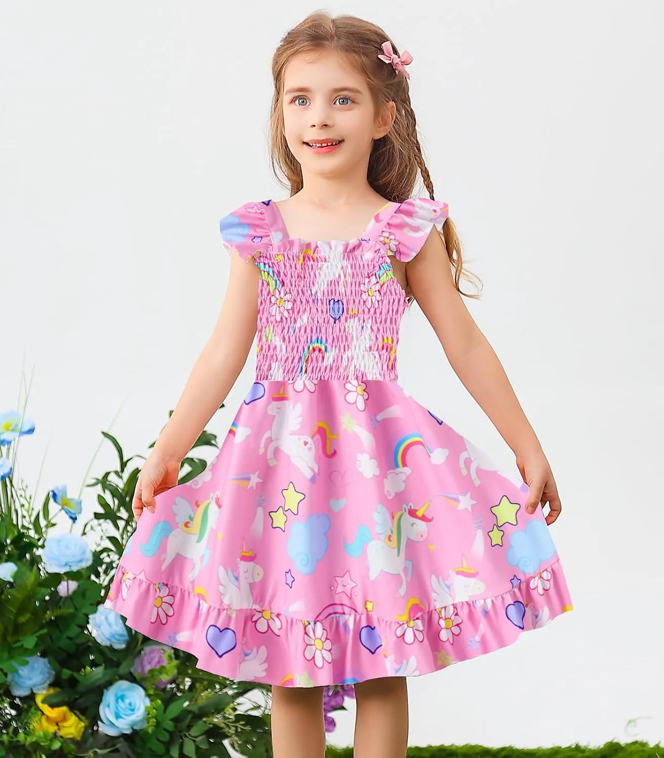 Toddler Little Girls Dress Kids Sleeveless Ruffle Dresses Summer Blue Floral Beach Casual Sundress for 3-7 Years