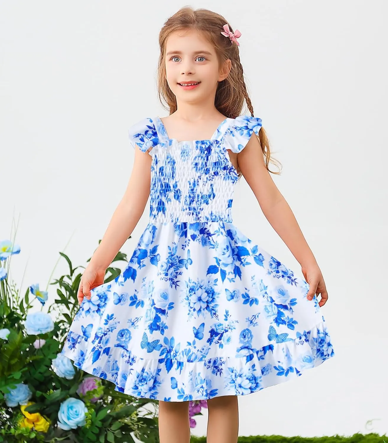Toddler Little Girls Dress Kids Sleeveless Ruffle Dresses Summer Blue Floral Beach Casual Sundress for 3-7 Years