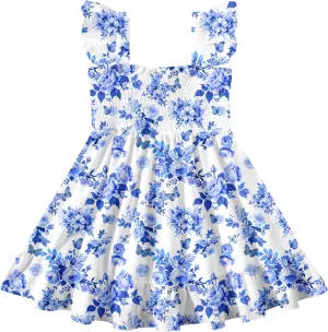 Toddler Little Girls Dress Kids Sleeveless Ruffle Dresses Summer Blue Floral Beach Casual Sundress for 3-7 Years