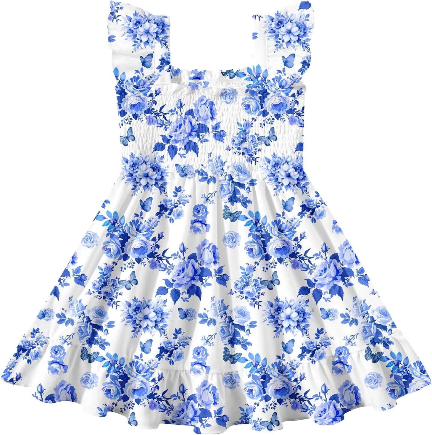 Toddler Little Girls Dress Kids Sleeveless Ruffle Dresses Summer Blue Floral Beach Casual Sundress for 3-7 Years