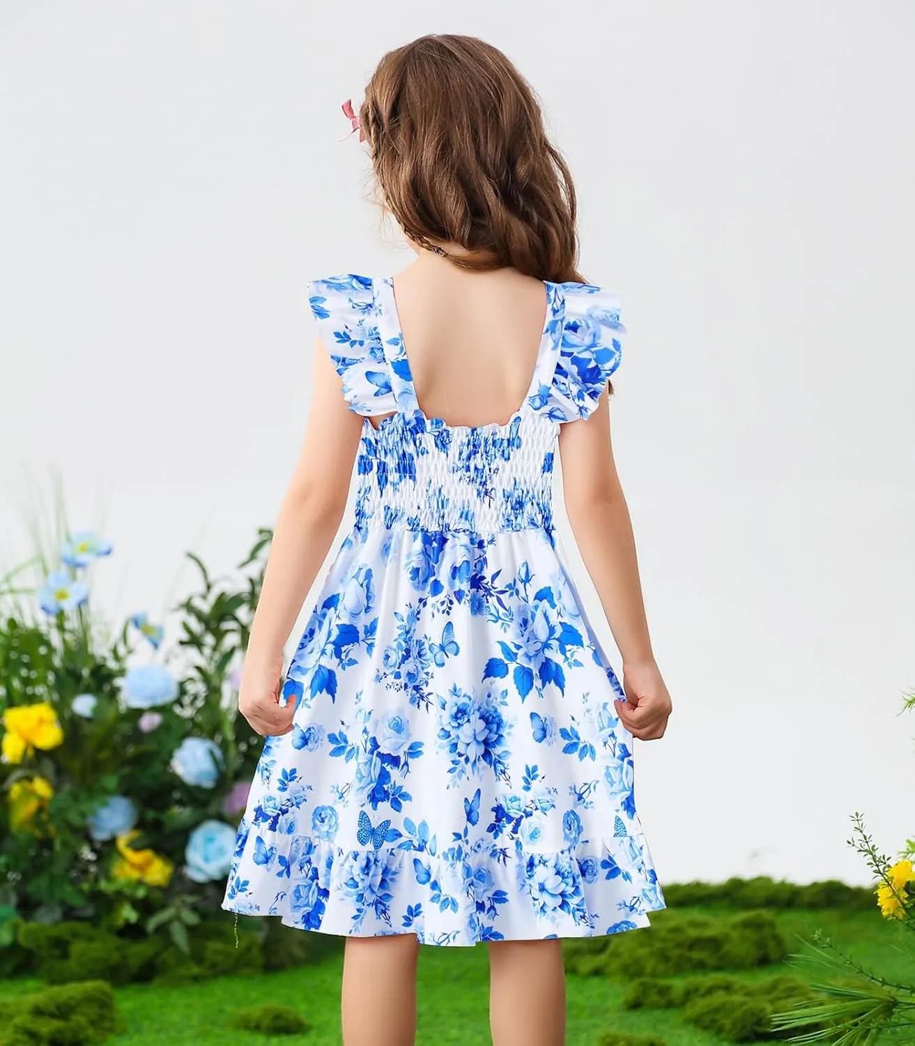 Toddler Little Girls Dress Kids Sleeveless Ruffle Dresses Summer Blue Floral Beach Casual Sundress for 3-7 Years