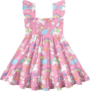 Toddler Little Girls Dress Kids Sleeveless Ruffle Dresses Summer Blue Floral Beach Casual Sundress for 3-7 Years