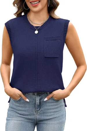 Totatuit Women's Crew Neck Sleeveless Sweater Vest with Pockets 2025 Trendy Ribbed Knit Casual Pullover Tank Tops S-XXL