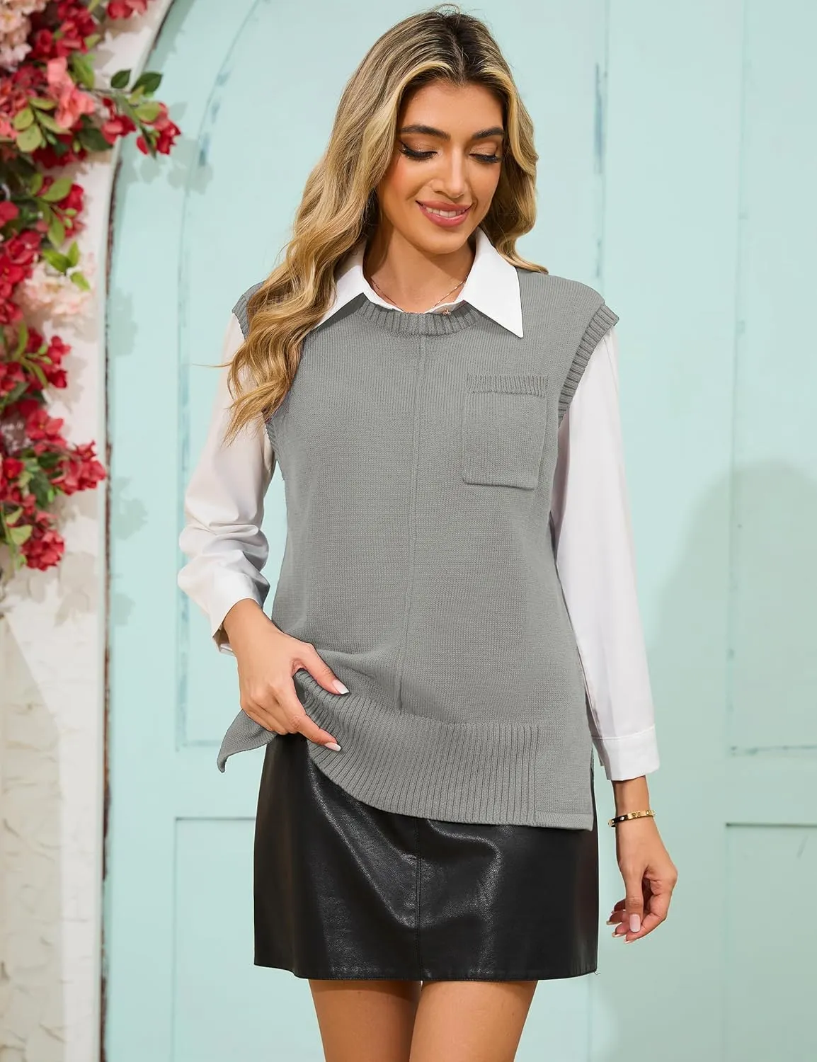 Totatuit Women's Crew Neck Sleeveless Sweater Vest with Pockets 2025 Trendy Ribbed Knit Casual Pullover Tank Tops S-XXL