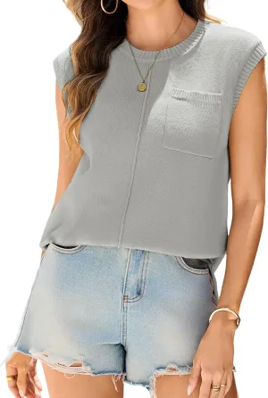 Totatuit Women's Crew Neck Sleeveless Sweater Vest with Pockets 2025 Trendy Ribbed Knit Casual Pullover Tank Tops S-XXL