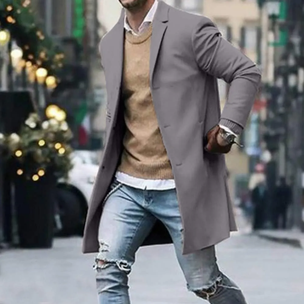 Trench Coat Men Men's Casual Notched Collar Plaid Single Breasted Wool Blend Formal Trench Top Coat