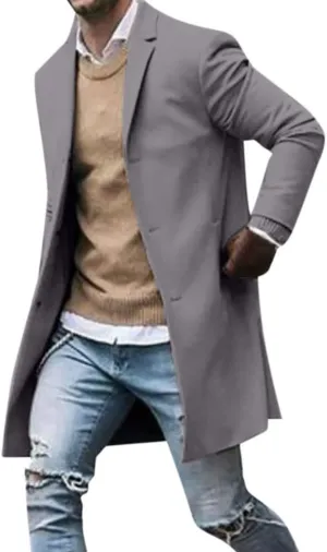 Trench Coat Men Men's Casual Notched Collar Plaid Single Breasted Wool Blend Formal Trench Top Coat