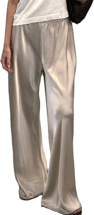 UAURORAO Satin Pants for Women Dressy Silk Wide Leg Lounge Pants Elastic Drawstring Casual Long Flowy Trousers