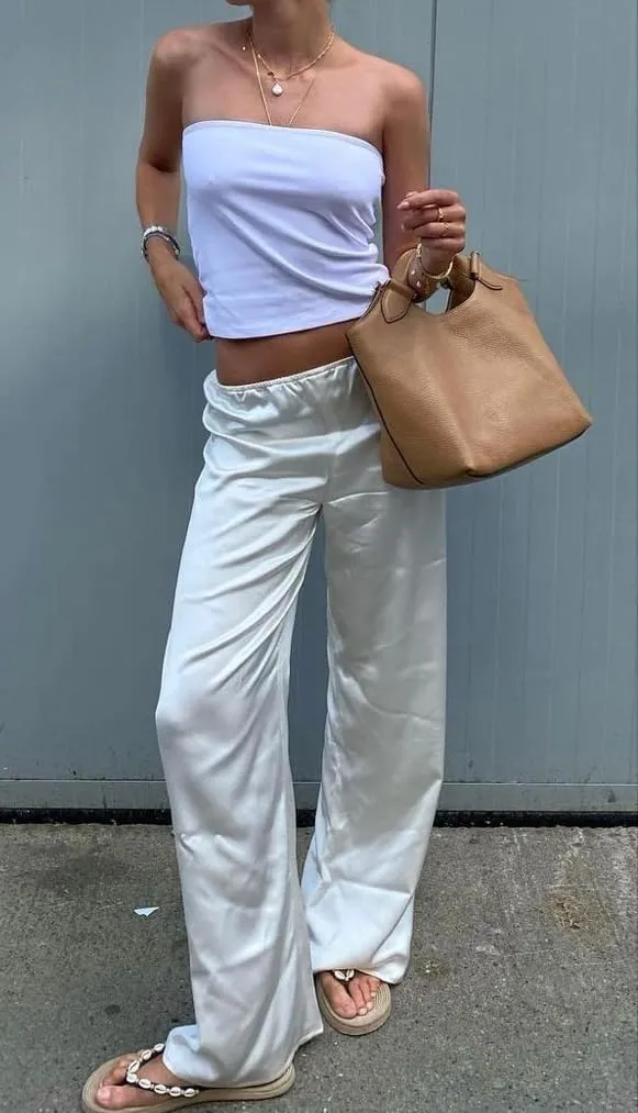 UAURORAO Satin Pants for Women Dressy Silk Wide Leg Lounge Pants Elastic Drawstring Casual Long Flowy Trousers